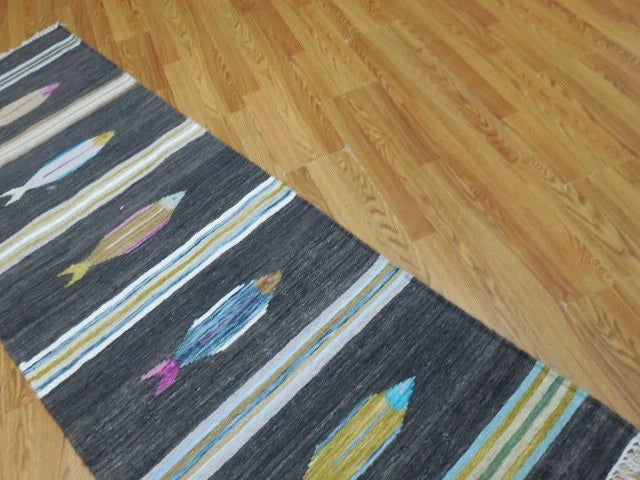 2.7' x 8' Ft. Fun Colorful Fish Design Turkish Kilim Hand Knotted Wool Rug / Runner - BR3006