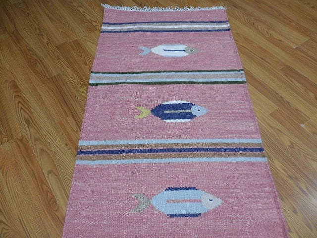 2.7' x 8' Ft. Fun Contemporary Colorful Fish Design Turkish Kilim Hand Knotted Wool Runner / Rug