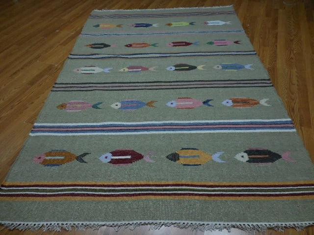 5' x 8' Ft. Fun Colorful Fish Design Turkish Oushak Kilim Hand Knotted Wool Area Rug – BR3041