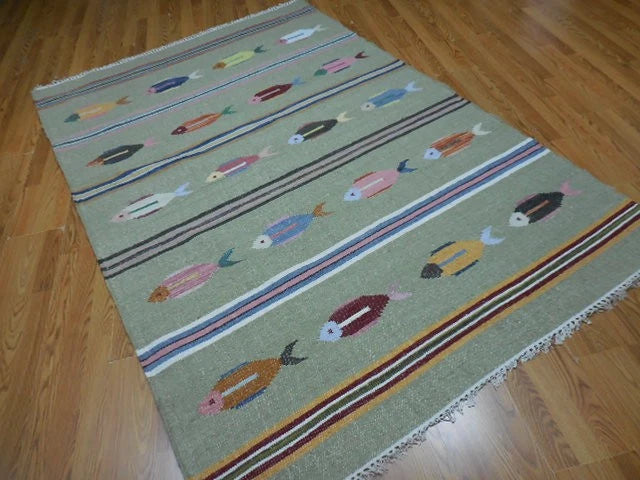 5' x 8' Ft. Fun Colorful Fish Design Turkish Oushak Kilim Hand Knotted Wool Area Rug – BR3041