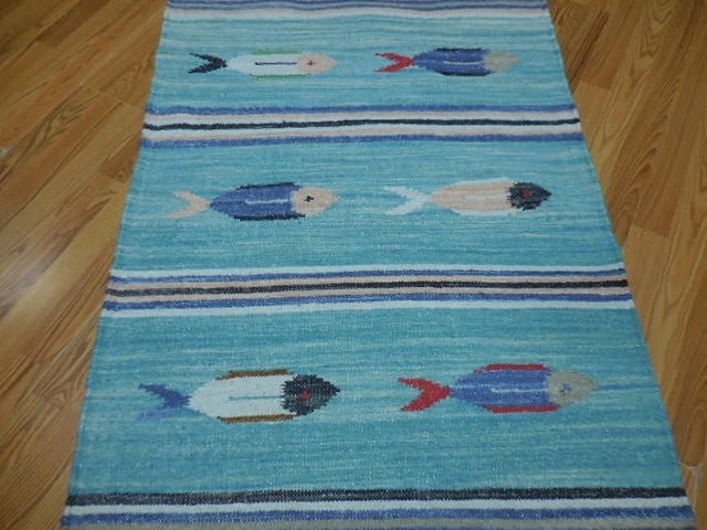 3' x 5' Ft. Fun Colorful Fish Design Turkish Oushak Kilim Hand Knotted Wool Area Rug – BR3030
