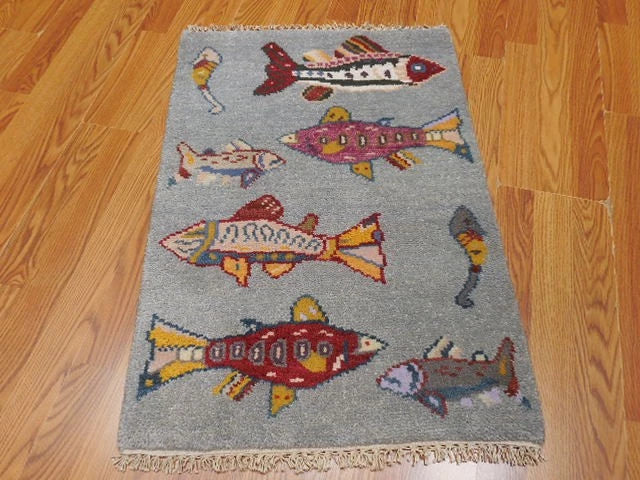2' x 3' Ft. Fun Fish/Sea Design Turkish Oushak Bohemian Hand Knotted Wool Area Rug - BR2672