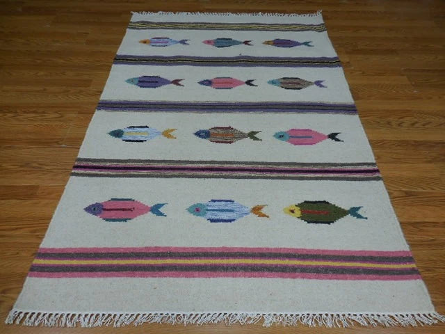 4' x 6' Ft. Fun Colorful Contemporary Fish Design Turkish Oushak Kilim Hand Knotted Wool Area Rug – BR3101