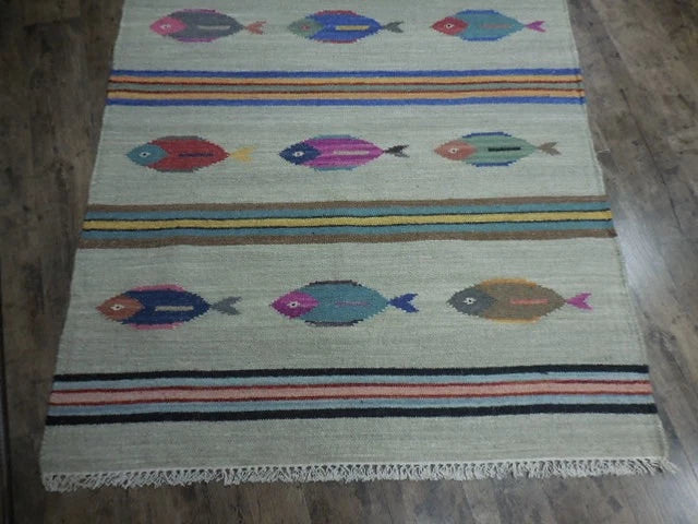 4' x 6' Ft. Fun Colorful Fish Design Turkish Oushak Kilim Hand Knotted Wool Area Rug – BR3040