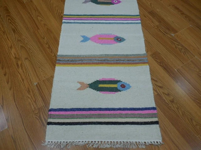 2' x 6' Ft. Fun Colorful Fish Design Turkish Hand Knotted Kilim Wool Rug / Runner - BR3036