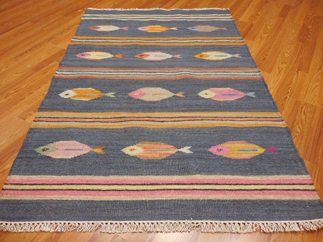 4' x 6' Ft. Fun Colorful Fish Design Turkish Oushak Hand Knotted Kilim Wool Area Rug - BR3037