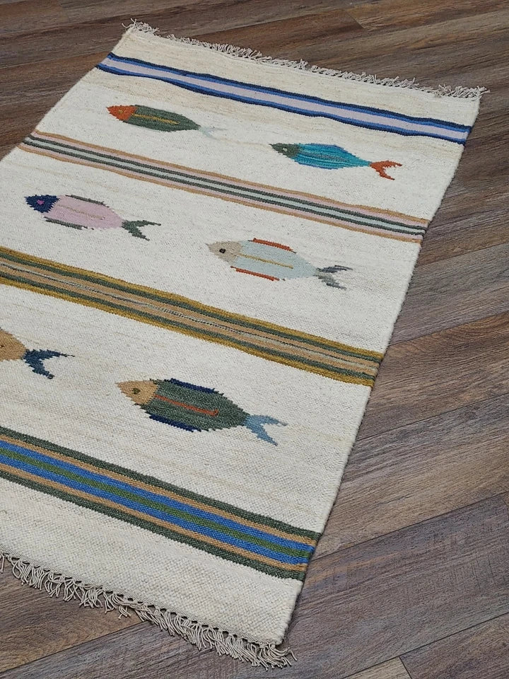 3' x 5' Ft. Fun Colorful Fish Design Turkish Oushak Kilim Hand Knotted Wool Area Rug – BR3048