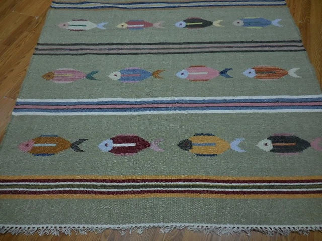 5' x 8' Ft. Fun Colorful Fish Design Turkish Oushak Kilim Hand Knotted Wool Area Rug – BR3041