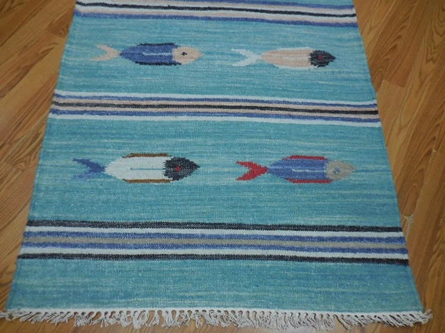 3' x 5' Ft. Fun Colorful Fish Design Turkish Oushak Kilim Hand Knotted Wool Area Rug – BR3030