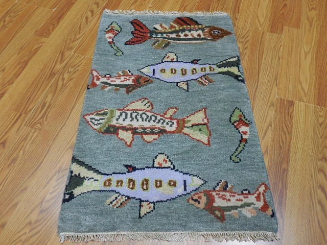 2' x 3' Ft. Fun Fish/Sea Design Turkish Oushak Bohemian Hand Knotted Wool Area Rug - BR2663
