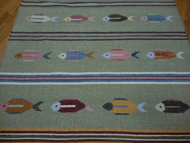 5' x 8' Ft. Fun Colorful Fish Design Turkish Oushak Kilim Hand Knotted Wool Area Rug – BR3041