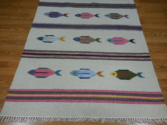 4' x 6' Ft. Fun Colorful Contemporary Fish Design Turkish Oushak Kilim Hand Knotted Wool Area Rug – BR3101
