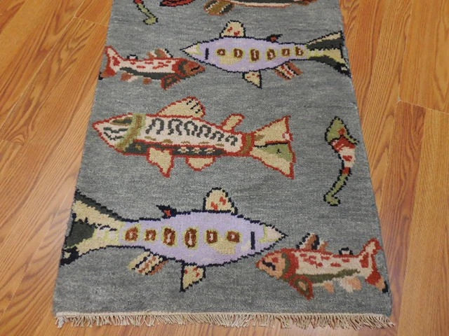 2' x 3' Ft. Fun Fish/Sea Design Turkish Oushak Bohemian Hand Knotted Wool Area Rug - BR2663
