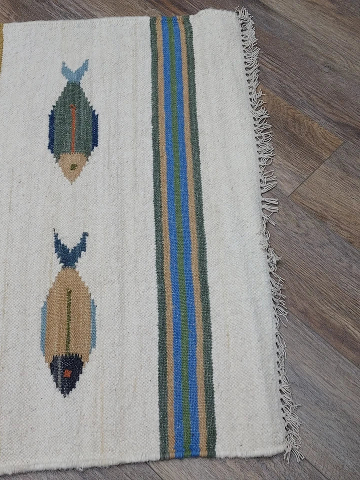 3' x 5' Ft. Fun Colorful Fish Design Turkish Oushak Kilim Hand Knotted Wool Area Rug – BR3048