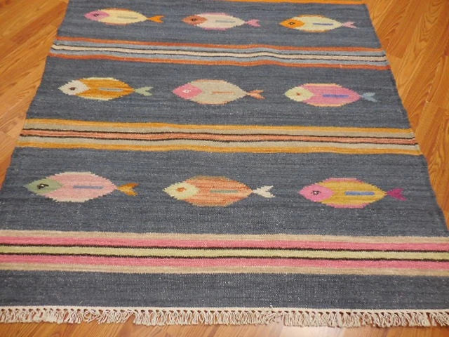 4' x 6' Ft. Fun Colorful Fish Design Turkish Oushak Hand Knotted Kilim Wool Area Rug - BR3037