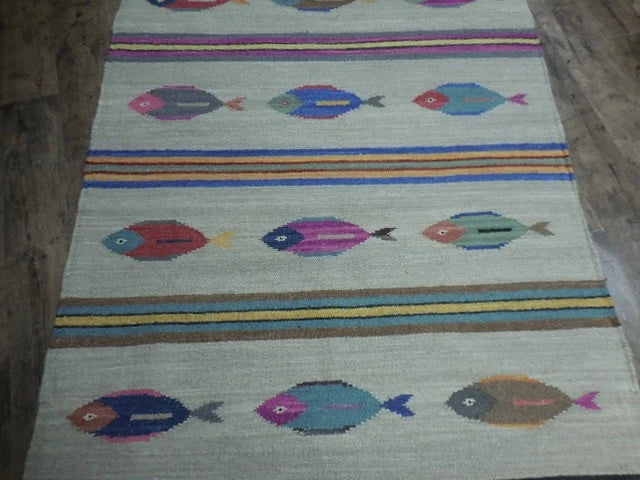 4' x 6' Ft. Fun Colorful Fish Design Turkish Oushak Kilim Hand Knotted Wool Area Rug – BR3040