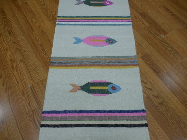 2' x 6' Ft. Fun Colorful Fish Design Turkish Hand Knotted Kilim Wool Rug / Runner - BR3036