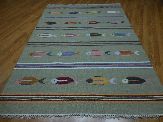5' x 8' Ft. Fun Colorful Fish Design Turkish Oushak Kilim Hand Knotted Wool Area Rug – BR3041
