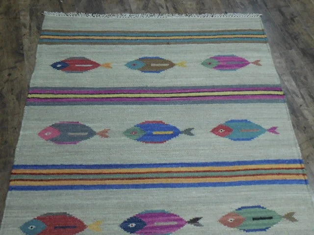 4' x 6' Ft. Fun Colorful Fish Design Turkish Oushak Kilim Hand Knotted Wool Area Rug – BR3040