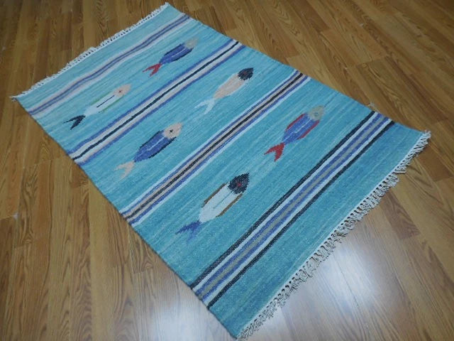 3' x 5' Ft. Fun Colorful Fish Design Turkish Oushak Kilim Hand Knotted Wool Area Rug – BR3030