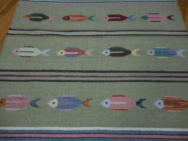 5' x 8' Ft. Fun Colorful Fish Design Turkish Oushak Kilim Hand Knotted Wool Area Rug – BR3041