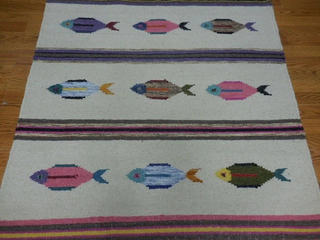 4' x 6' Ft. Fun Colorful Contemporary Fish Design Turkish Oushak Kilim Hand Knotted Wool Area Rug – BR3101