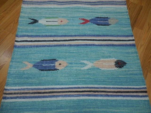 3' x 5' Ft. Fun Colorful Fish Design Turkish Oushak Kilim Hand Knotted Wool Area Rug – BR3030