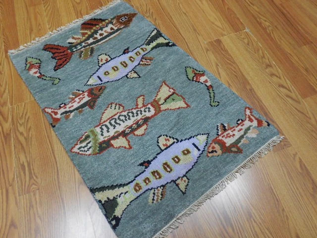 2' x 3' Ft. Fun Fish/Sea Design Turkish Oushak Bohemian Hand Knotted Wool Area Rug - BR2663