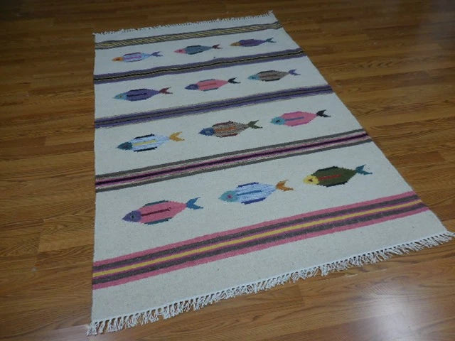 4' x 6' Ft. Fun Colorful Contemporary Fish Design Turkish Oushak Kilim Hand Knotted Wool Area Rug – BR3101
