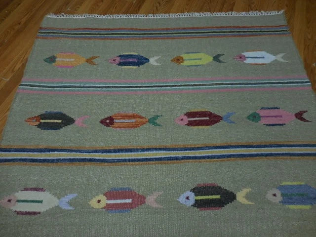 5' x 8' Ft. Fun Colorful Fish Design Turkish Oushak Kilim Hand Knotted Wool Area Rug – BR3041