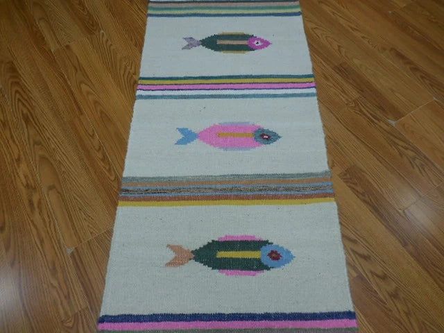2' x 6' Ft. Fun Colorful Fish Design Turkish Hand Knotted Kilim Wool Rug / Runner - BR3036