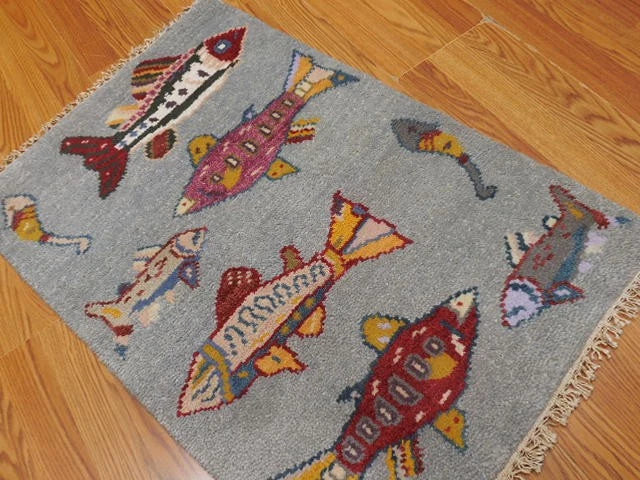 2' x 3' Ft. Fun Fish/Sea Design Turkish Oushak Bohemian Hand Knotted Wool Area Rug - BR2672