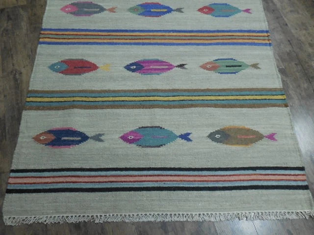 4' x 6' Ft. Fun Colorful Fish Design Turkish Oushak Kilim Hand Knotted Wool Area Rug – BR3040