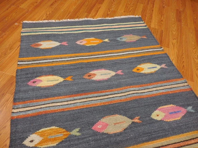 4' x 6' Ft. Fun Colorful Fish Design Turkish Oushak Hand Knotted Kilim Wool Area Rug - BR3037