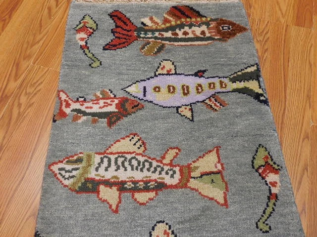 2' x 3' Ft. Fun Fish/Sea Design Turkish Oushak Bohemian Hand Knotted Wool Area Rug - BR2663