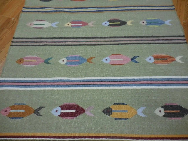 5' x 8' Ft. Fun Colorful Fish Design Turkish Oushak Kilim Hand Knotted Wool Area Rug – BR3041