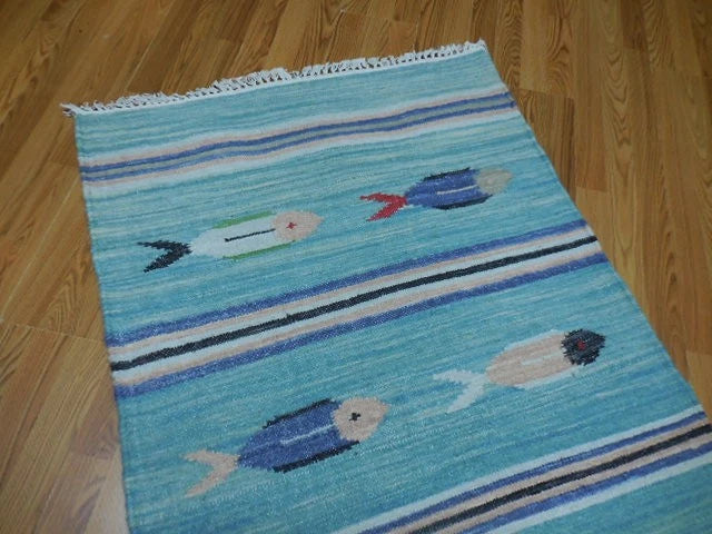 3' x 5' Ft. Fun Colorful Fish Design Turkish Oushak Kilim Hand Knotted Wool Area Rug – BR3030