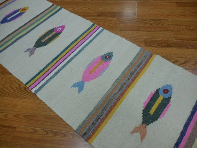 2' x 6' Ft. Fun Colorful Fish Design Turkish Hand Knotted Kilim Wool Rug / Runner - BR3036