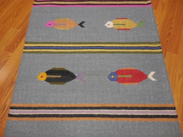 3' x 5' Ft. Fun Colorful Fish Design Turkish Oushak Kilim Hand Knotted Wool Area Rug – BR3038