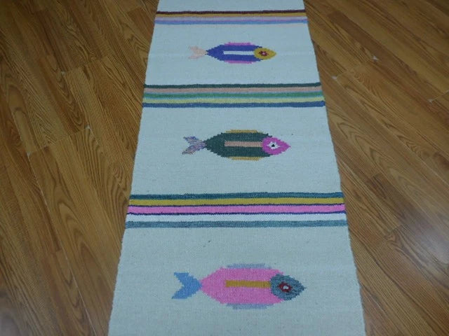 2' x 6' Ft. Fun Colorful Fish Design Turkish Hand Knotted Kilim Wool Rug / Runner - BR3036
