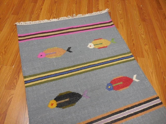 3' x 5' Ft. Fun Colorful Fish Design Turkish Oushak Kilim Hand Knotted Wool Area Rug – BR3038