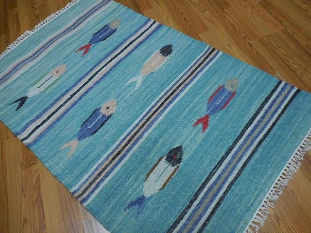 3' x 5' Ft. Fun Colorful Fish Design Turkish Oushak Kilim Hand Knotted Wool Area Rug – BR3030