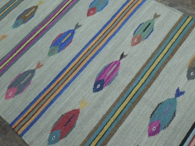 4' x 6' Ft. Fun Colorful Fish Design Turkish Oushak Kilim Hand Knotted Wool Area Rug – BR3040
