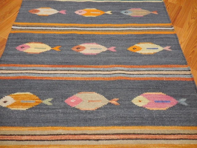 4' x 6' Ft. Fun Colorful Fish Design Turkish Oushak Hand Knotted Kilim Wool Area Rug - BR3037