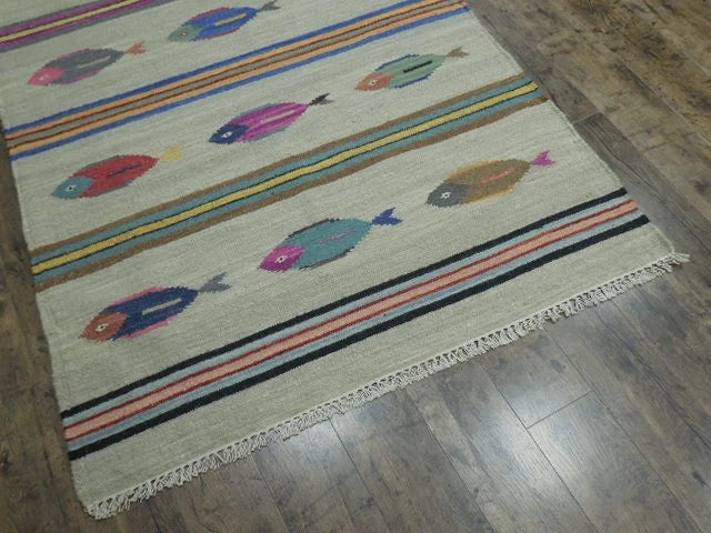 4' x 6' Ft. Fun Colorful Fish Design Turkish Oushak Kilim Hand Knotted Wool Area Rug – BR3040
