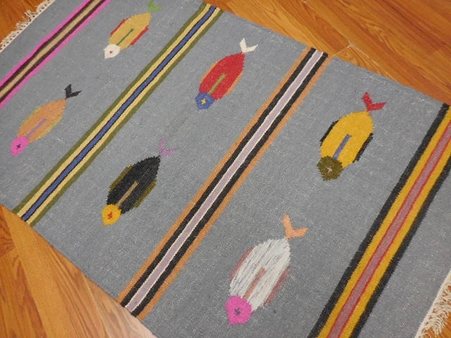 3' x 5' Ft. Fun Colorful Fish Design Turkish Oushak Kilim Hand Knotted Wool Area Rug – BR3038
