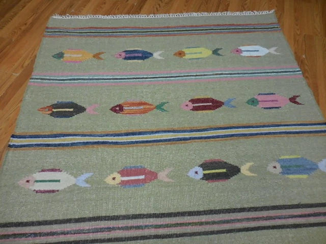 5' x 8' Ft. Fun Colorful Fish Design Turkish Oushak Kilim Hand Knotted Wool Area Rug – BR3041