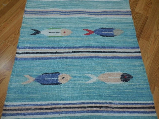3' x 5' Ft. Fun Colorful Fish Design Turkish Oushak Kilim Hand Knotted Wool Area Rug – BR3030