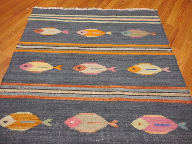 4' x 6' Ft. Fun Colorful Fish Design Turkish Oushak Hand Knotted Kilim Wool Area Rug - BR3037