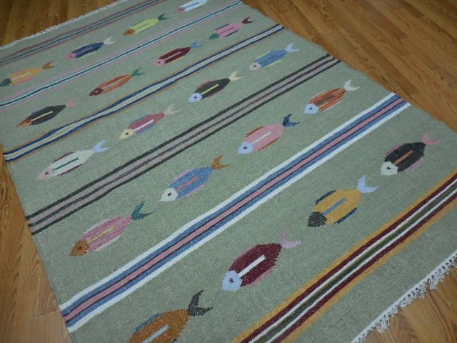 5' x 8' Ft. Fun Colorful Fish Design Turkish Oushak Kilim Hand Knotted Wool Area Rug – BR3041